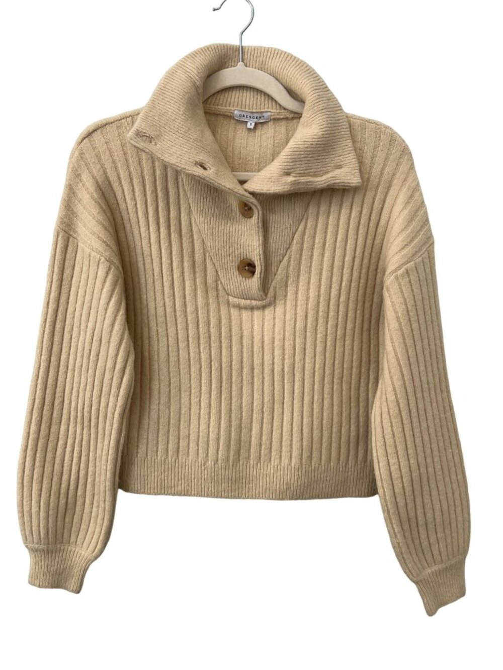 Crescent Sweater Small Ribbed Half Button Pullover Tan Acrylic Blend Cozy Chunky